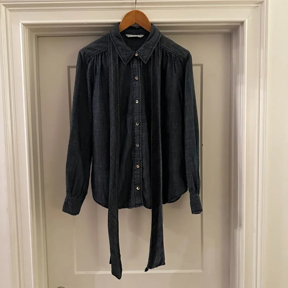 Trina Turk Deep Denim Shirt with Neck Ties - Size Large- Barely Worn - Picture 2 of 8